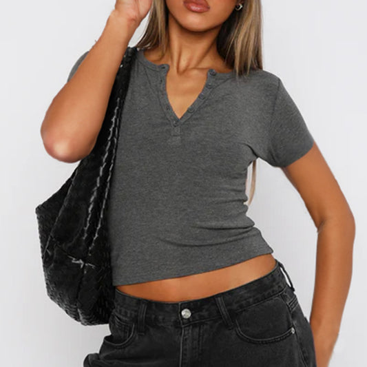 Sexy thread slim fit V-neck solid color knitted short sleeved top T-shirt for women