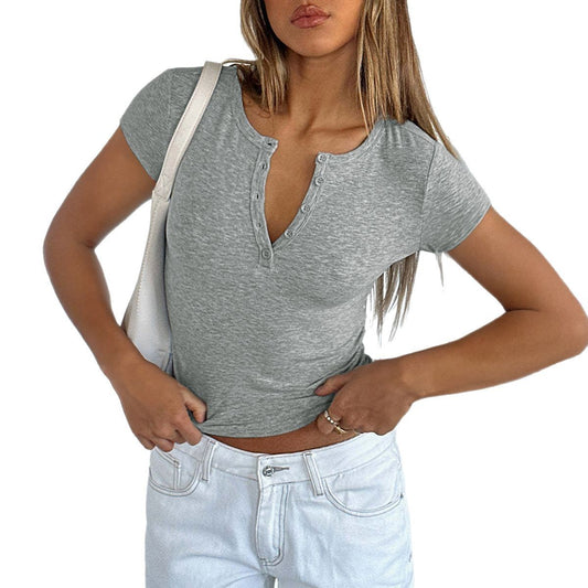 Sexy thread slim fit V-neck solid color knitted short sleeved top T-shirt for women